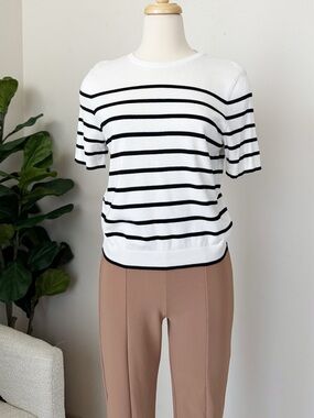 Divided White Short Sleeve Top with Black Stripes
